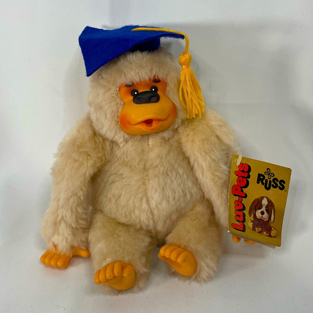 VTG Russ Luv-Pets Plush White Gorilla ‘Gonga’ Toy w/ Blue Graduation Cap